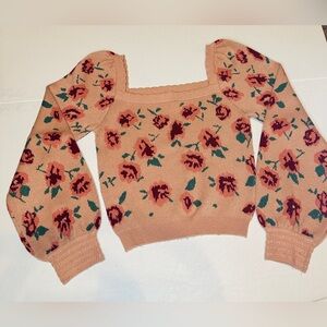 Willow & Wind Pink &Green Floral Square Neck Long Sleeve Crop Sweater Size Small